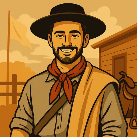 O Chasqueiro, personagem do Baita Chasque: gaúcho sorridente de chapéu preto, lenço vermelho e pala mostarda